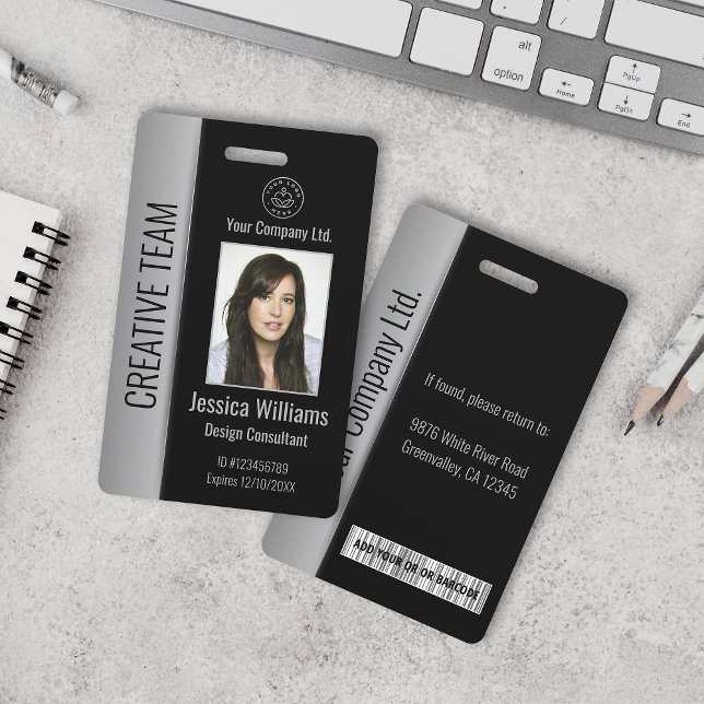 Custom Employee Photo Bar Code Logo Name Black ID Badge (Creator Uploaded)