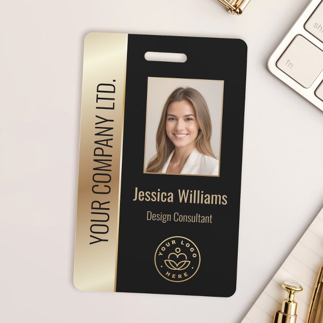 Custom Employee Photo, Bar Code, Logo, Name Gold ID Badge (Creator Uploaded)