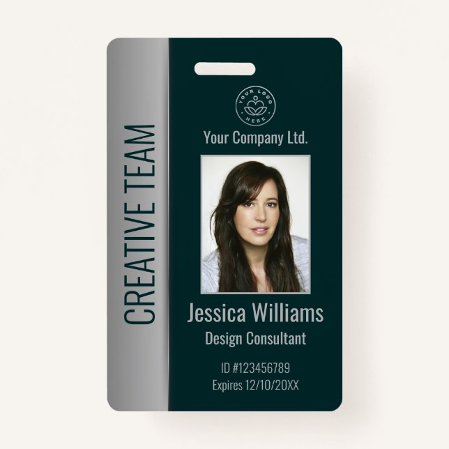 Custom Employee Photo Bar Code Logo Name Green ID Badge (Front)