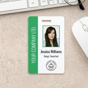 Custom Employee Photo, Bar Code, Logo, Name Green ID Badge