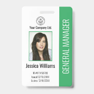 Custom Employee Photo, Bar Code, Logo, Name Green ID Badge