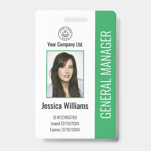 Custom Employee Photo, Bar Code, Logo, Name Green  ID Badge (Front)