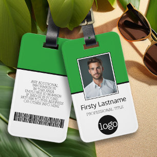 Custom Employee Photo, Bar Code, Logo Name Green Luggage Tag