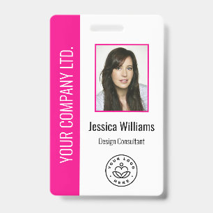 Custom Employee Photo Bar Code Logo Name Hot Pink ID Badge