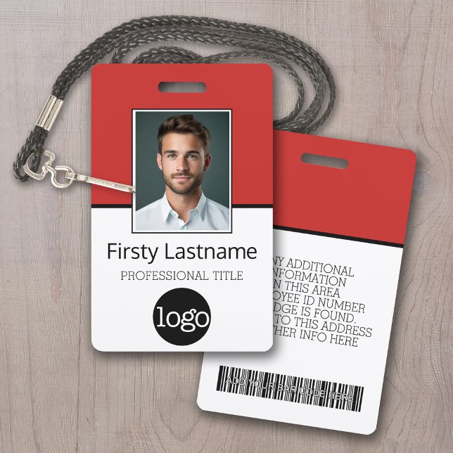 Custom Employee - Photo, Bar Code, Logo, Name ID Badge (Employee ID Badge - Online Proof and Low Minimum - Red Accents)