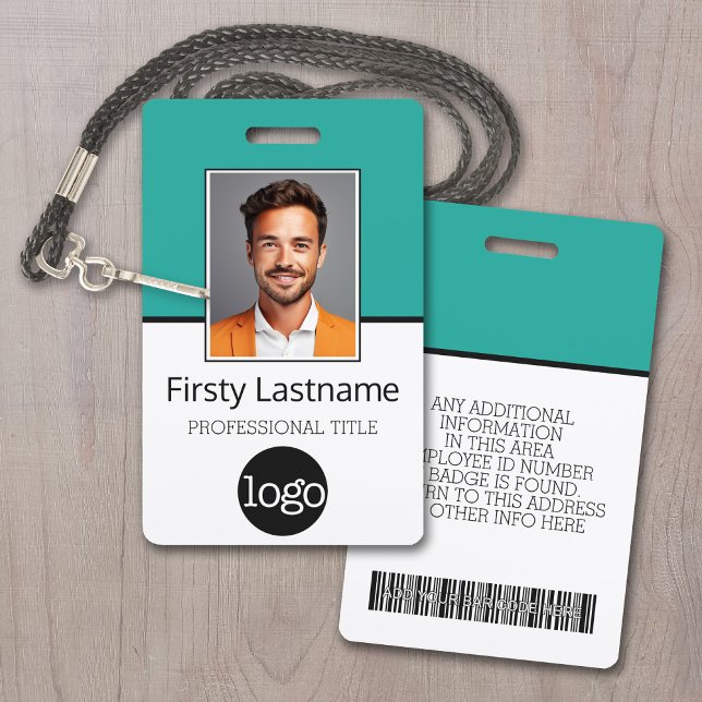 Custom Employee - Photo, Bar Code, Logo, Name ID Badge (Employee ID Badge with Custom Logo, Photo and Scan Bar Code - Teal Accents)