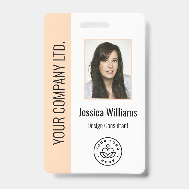 Custom Employee Photo, Bar Code, Logo, Name Peach ID Badge (Front)