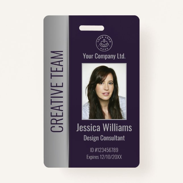 Custom Employee Photo Bar Code Logo Name Purple ID Badge (Front)
