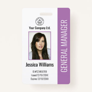Custom Employee Photo, Bar Code, Logo, Name Purple ID Badge