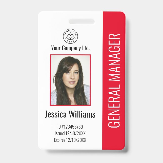 Custom Employee Photo, Bar Code, Logo, Name Red Ba ID Badge (Front)