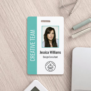 Custom Employee Photo, Bar Code, Logo, Name Teal ID Badge