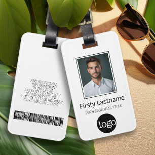 Custom Employee Photo, Bar Code, Logo Name White Luggage Tag