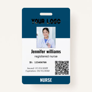 Custom Employee Photo, Bar Code, Logo, navy blue ID Badge