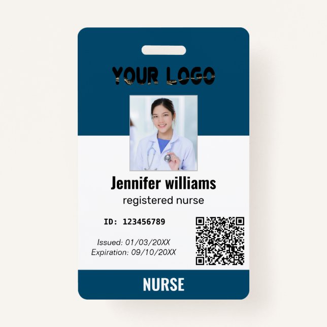 Custom Employee Photo, Bar Code, Logo, navy blue  ID Badge (Front)