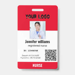 Custom Employee Photo, Bar Code, Logo, red name ID Badge