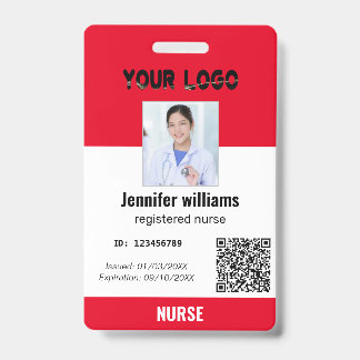 Custom Employee Photo, Bar Code, Logo, red name ID Badge