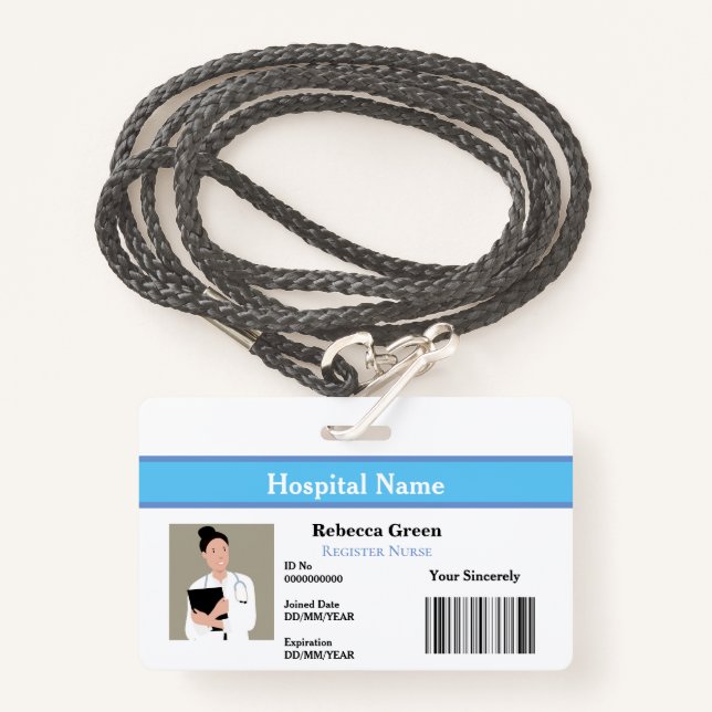 Custom Employee Photo Barcode Nurse Doctor Name ID Badge (Front with Lanyard)