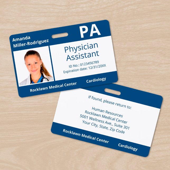 Custom Employee Photo Blue White Hospital ID ID Badge (Custom Employee Photo Blue White Hospital ID Badge, front/back)