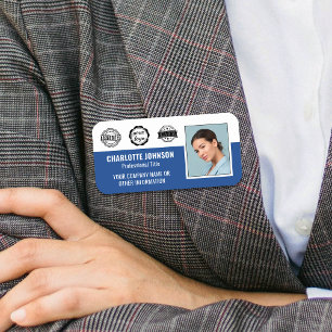 Custom Employee Photo Company Logo Magnetic Blue Name Tag