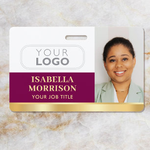Custom Employee Photo ID Badge Elegant Plum Gold