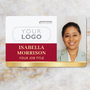 Custom Employee Photo ID Badge Elegant Red Gold