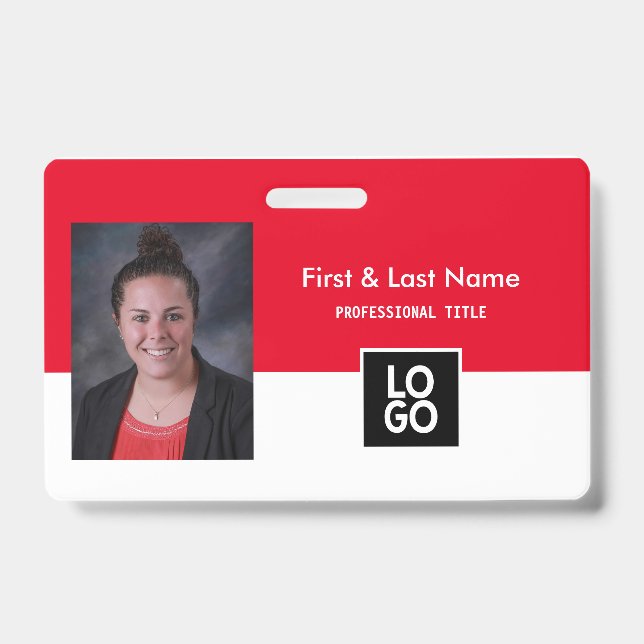Custom Employee Photo ID Red Minimal Simple ID Badge (Front)