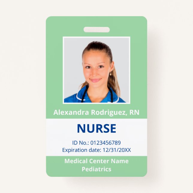 Custom Employee Photo Light Green White Medical ID ID Badge (Front)