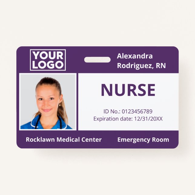 Custom Employee Photo Logo Purple Medical ID ID Badge (Front)