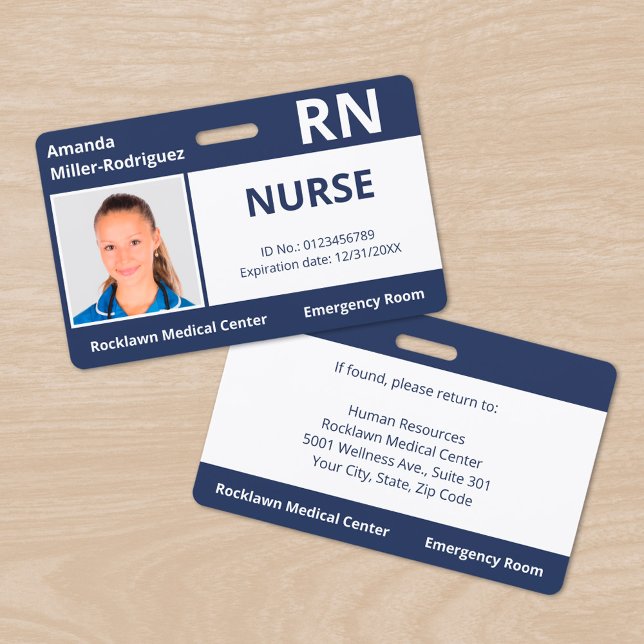Custom Employee Photo Navy Blue Medical ID Badge (Custom Employee Photo Navy Blue Medical ID Badge, front/back)