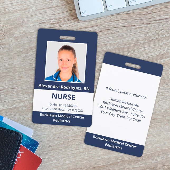 Custom Employee Photo Navy Blue White Medical ID ID Badge (Custom Employee Photo Navy Blue White Medical ID Badge, front/back)