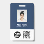 Custom Employee Photo, Qr and Bar Code, Logo, Name ID Badge<br><div class="desc">Easily personalise this Custom Employee Name Badge with Photo, Scan QrCode and Bar Code and business logo. A simple business design in navy blue and white colours fully customisable in front and back sizes, sans-serif basic and modern fonts and a professional and clear look. Avaiable with lanyard, metal clip or...</div>