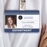 Custom employee photo QR code logo name ID Badge<br><div class="desc">Personalised employee modern horizontal id card - identification elegant navy white badge with your custom company logo, photo, name, title, QR code or barcode, and other details - if needed. Easy to personalise with your info on both sides! Suitable for corporate employees, managers, executives, accountants, business office staff, warehouses, retail...</div>