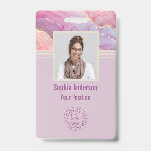 Custom Employee Photo QR Code Purple Modern Marble ID Badge