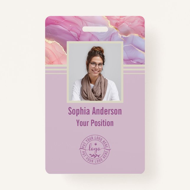 Custom Employee Photo QR Code Purple Modern Marble ID Badge (Front)