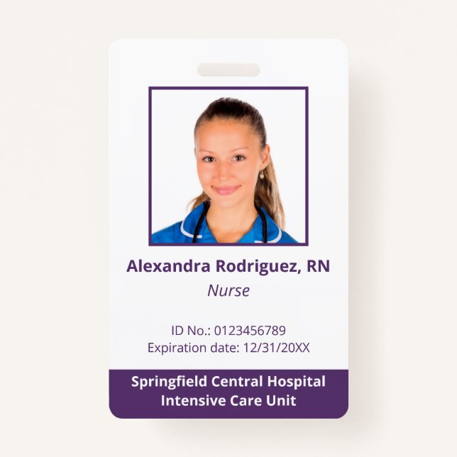 Custom Employee Photo White Purple Hospital ID ID Badge (Front)