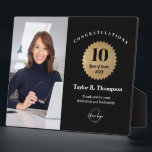 Custom Employee Recognition Photo 10 Year service  Plaque<br><div class="desc">Celebrate a milestone moment with this modern custom employee recognition photo plaque, designed for honoring 10 Years of Service in style. Featuring a bold black background, faux-gold badge, personalized employee name, company logo, and an optional photo, this appreciation award is perfect for recognizing dedication, loyalty, and leadership. Customize the text,...</div>