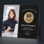 Custom Employee Recognition Photo 10 Year service  Plaque<br><div class="desc">Celebrate a milestone moment with this modern custom employee recognition photo plaque, designed for honoring 10 Years of Service in style. Featuring a bold black background, faux-gold badge, personalized employee name, company logo, and an optional photo, this appreciation award is perfect for recognizing dedication, loyalty, and leadership. Customize the text,...</div>
