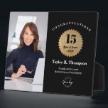 Custom Employee Recognition Photo 15 Year service  Plaque<br><div class="desc">Celebrate a milestone moment with this modern custom employee recognition photo plaque, designed for honoring 15 Years of Service in style. Featuring a bold black background, faux-gold badge, personalized employee name, company logo, and an optional photo, this appreciation award is perfect for recognizing dedication, loyalty, and leadership. Customize the text,...</div>