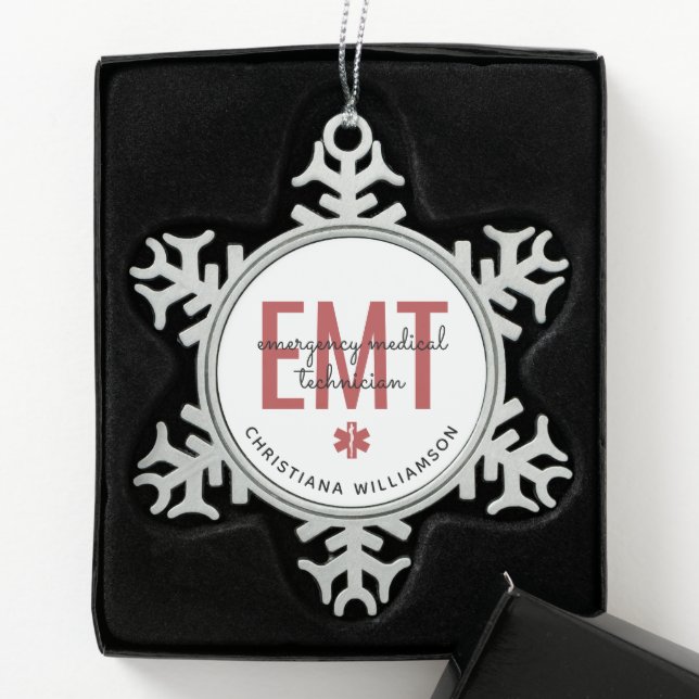 Custom EMT Emergency Medical Technician Snowflake Pewter Christmas Ornament (Box)