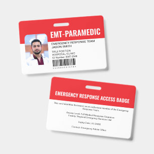 Custom EMT Paramedic Emergency Access Red  ID Badge