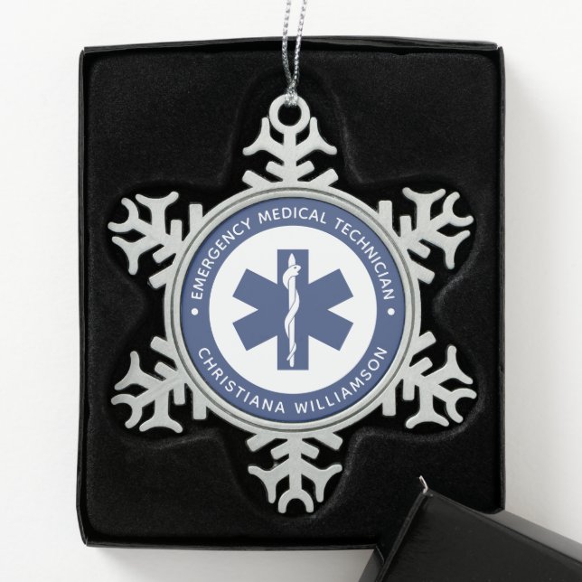 Custom EMT Symbol Emergency Medical Technician Snowflake Pewter Christmas Ornament (Box)