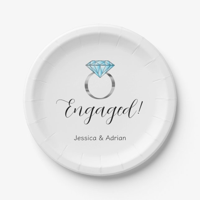 Custom Engaged Blue Diamond Ring Engagement Party Paper Plate (Front)
