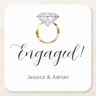 Custom Engaged Gold Diamond Ring Engagement Party Square Paper Coaster