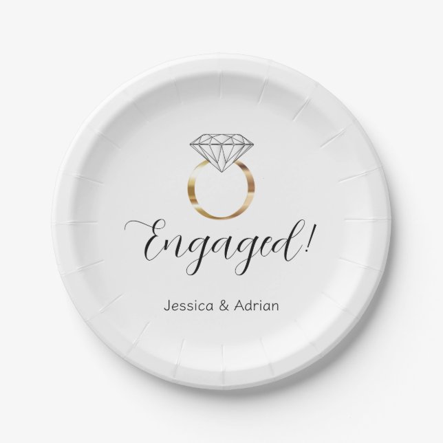 Custom Engaged White Diamond Ring Engagement Party Paper Plate (Front)
