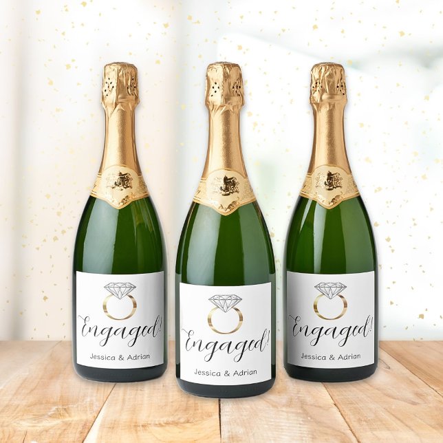 Custom Engaged White Diamond Ring Engagement Sparkling Wine Label (Creator Uploaded)