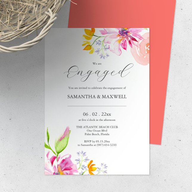 Custom Engagement Invitations Floral Theme (Engagement party invitations online features unique watercolor floral art by Victoria Grigaliunas)