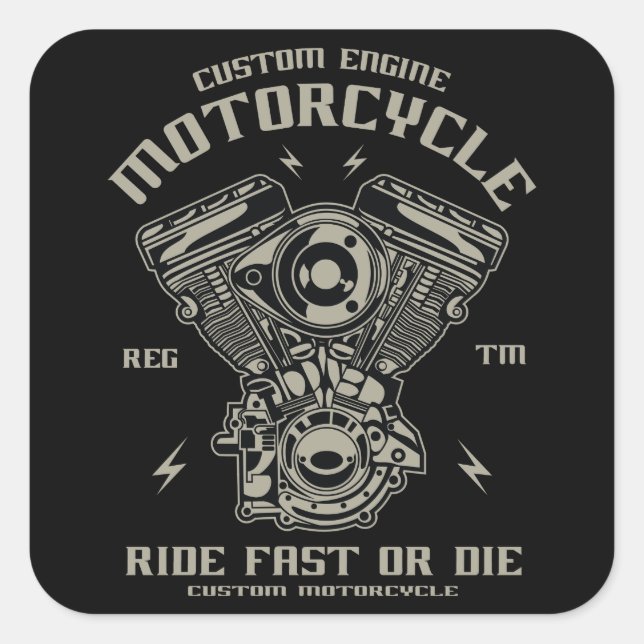 Custom Engine Motorcycle Ride Fast Or Die Square Sticker (Front)