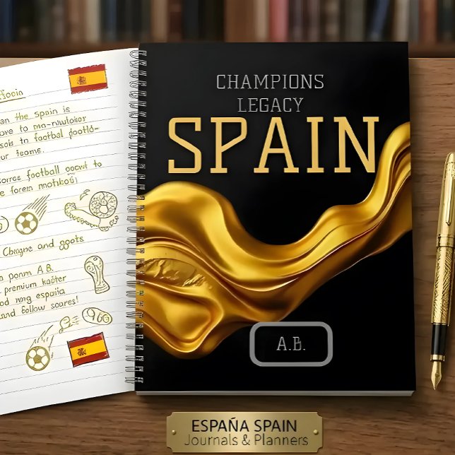 Custom España Workspace QR Code | Champions Legacy Notebook (Elite black & gold liquid wave Spain finalist notebook. Fully customizable on Achempong Zazzle. 🏆✨)
