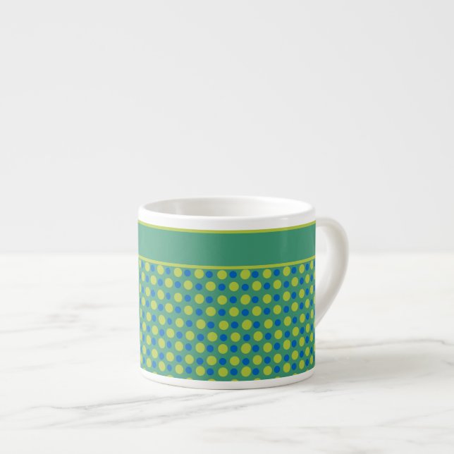 Custom Espresso Coffee Mug, Emerald, Blue Polka Cup (Front Right)