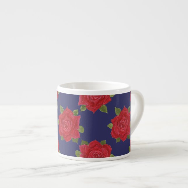 Custom Espresso Mug, Red Roses on Midnight Blue Espresso Cup (Front Right)
